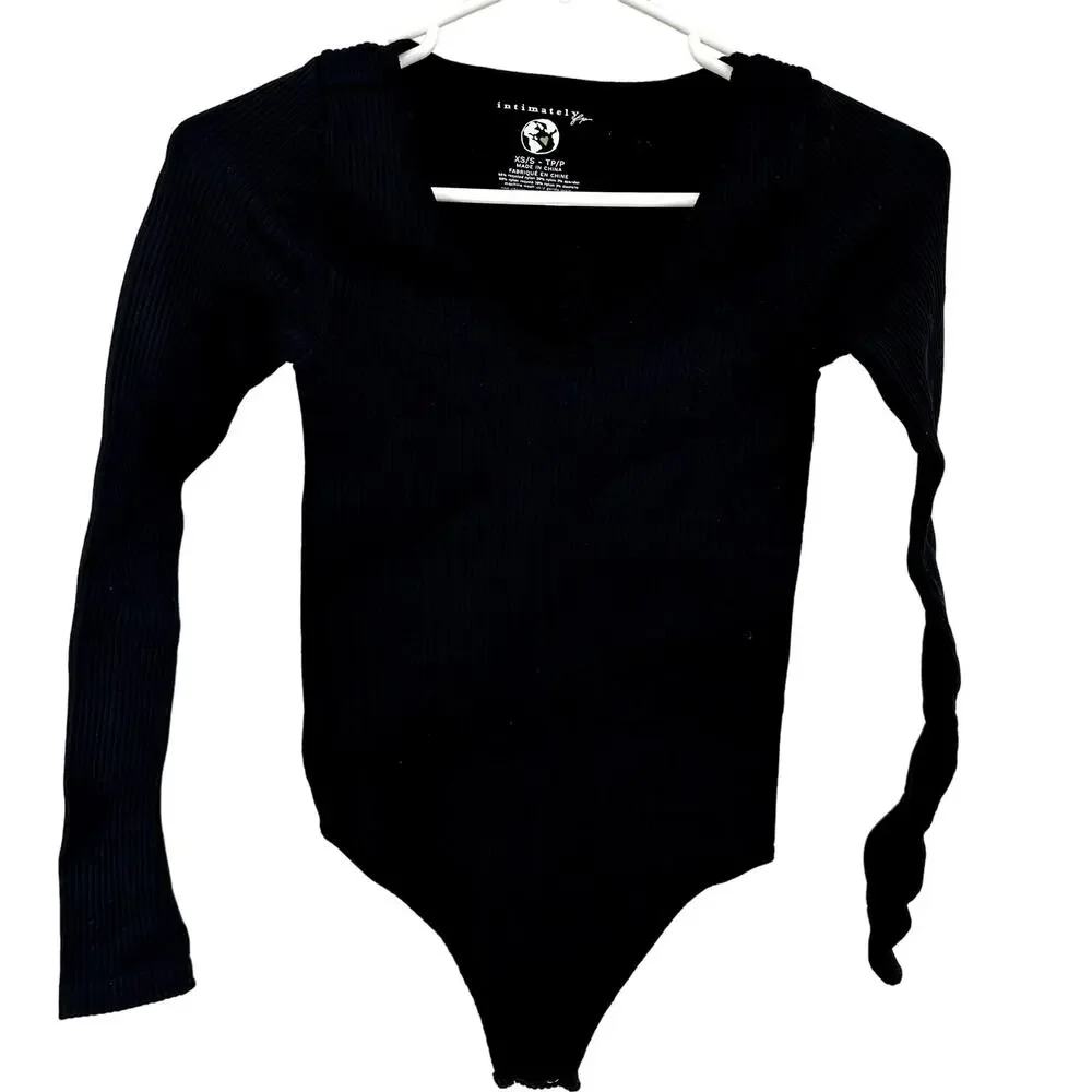 Intimately by Free People XYZ Rib Knit Bodysuit Long Sleeve V Neck Black XS/S